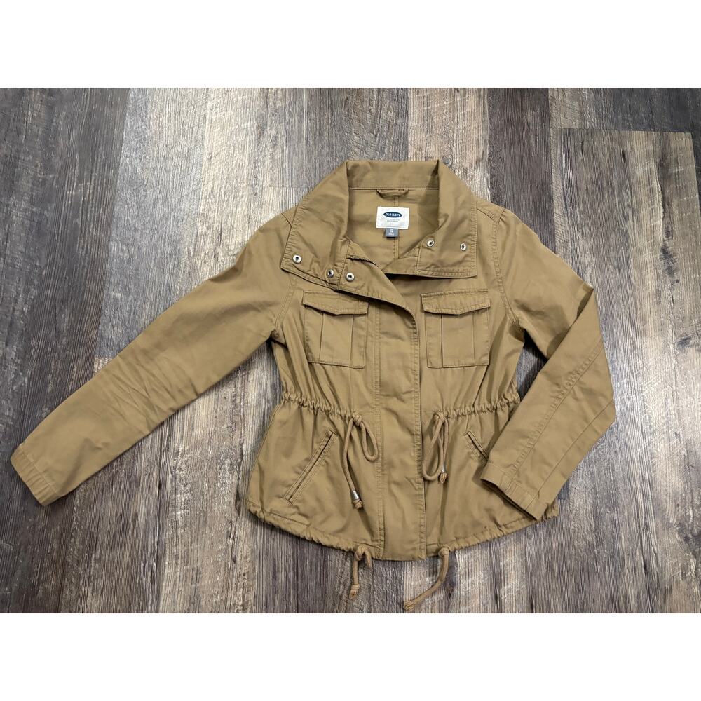 Old Navy Womens XS Khaki Tan Utility Field Jacket Cotton Drawstring Waist Funnel